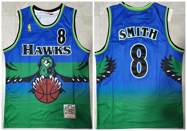 Men's Atlanta Hawks #8 Steve Smith Blue and Green 1996-97 Throwback Swingman Stitched Jersey Men's Atlanta Hawks #8 Steve Smith Blue and Green 1996-97 Throwback Swingman Stitched Jersey